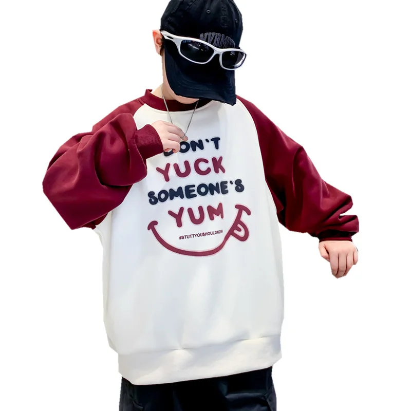 

Korean Kids Patchwork Sweatshirt With Letter Print For Boy Fashion Spring Clothing Outfits Teens Child Casual Cotton Outerwear