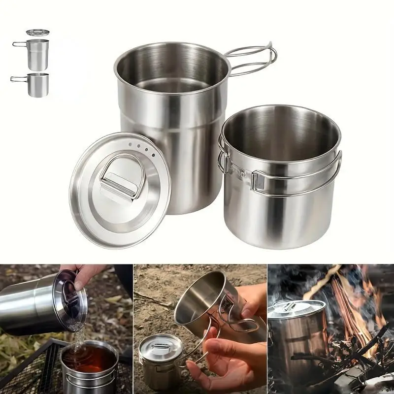 2Pcs Stainless Steel Cooking Kettle Portable Outdoor Camping Pot Pan with Foldable Handle for Backpacking Hiking Picnic