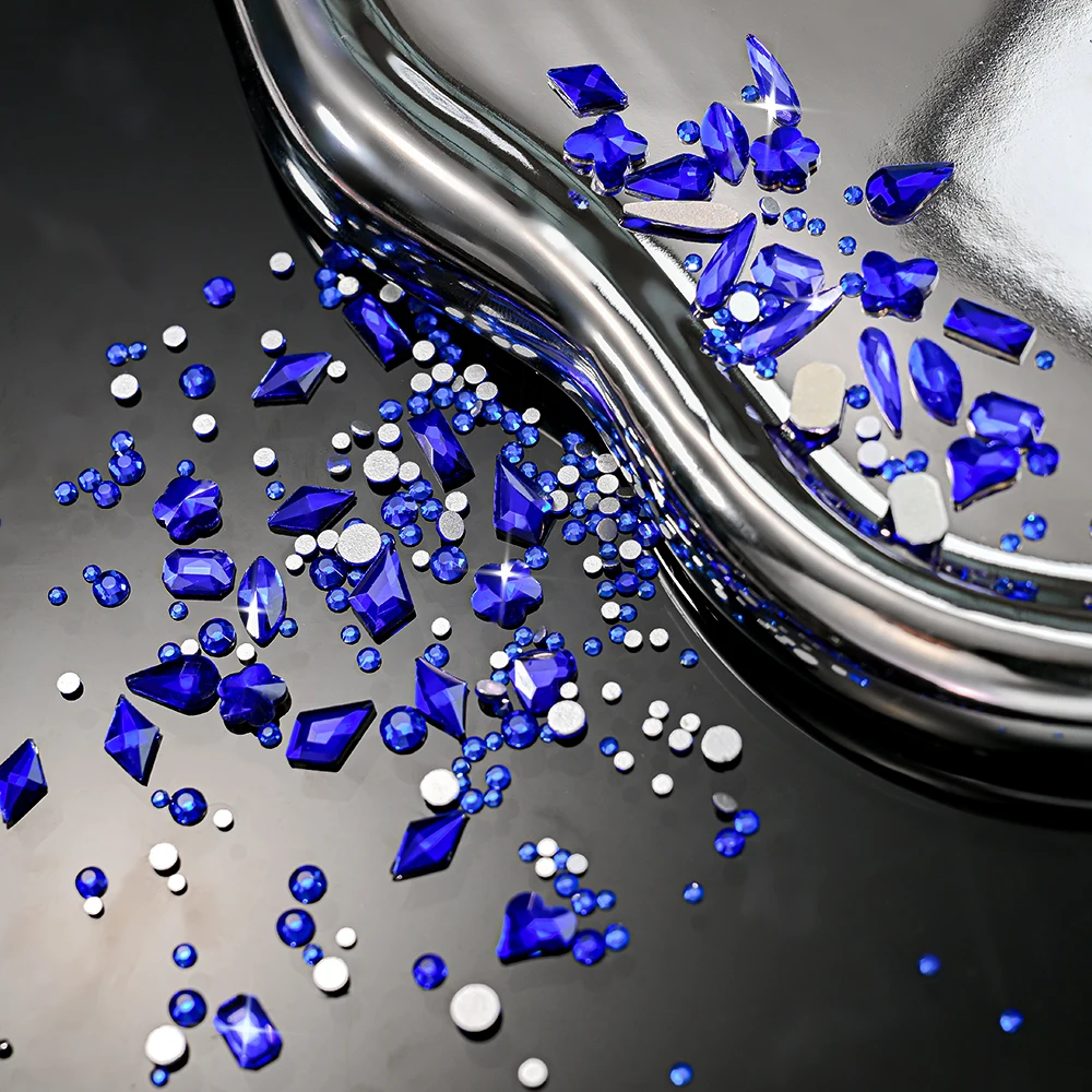12Grids 3D Luxuries Sapphire Ice Blue Nail Rhinestones Round/Heart/Square/Rhombus FlatBack Nail Rhinestones Jewels Nail Supplies
