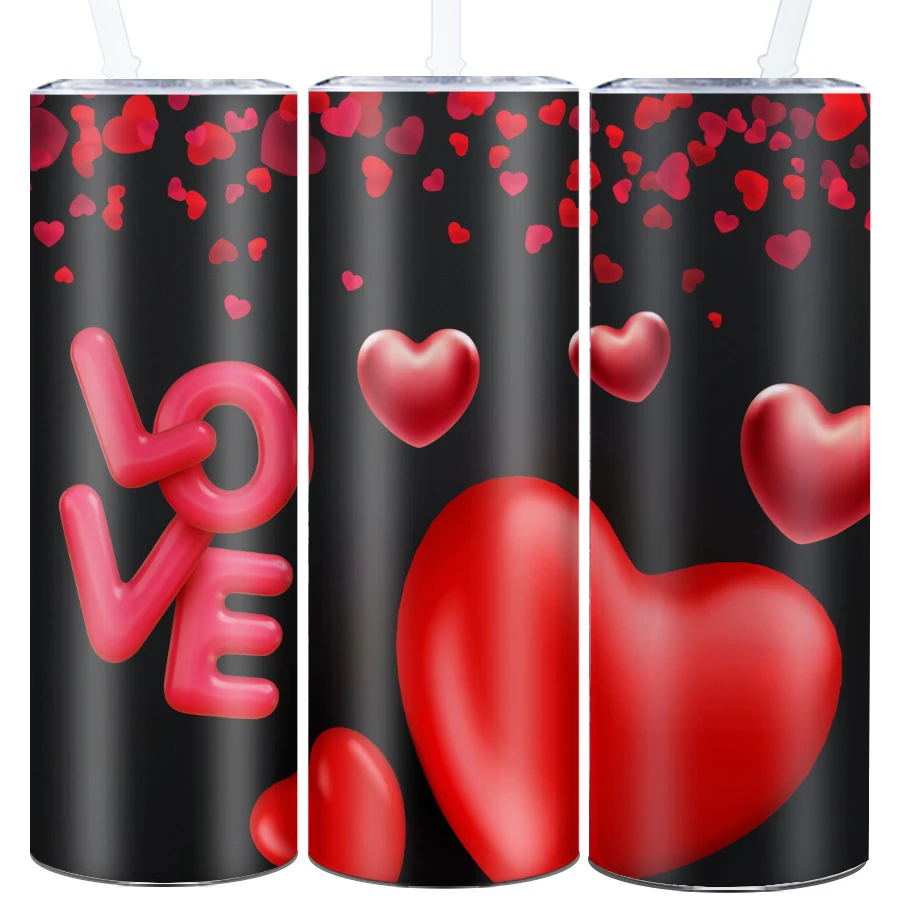 20oz Festive Party Tumblers Straw Lid 1Pc Print 3D Love Heart Water Bottle Valentine's Day Gift Stainless Leak-Proof Party Mugs