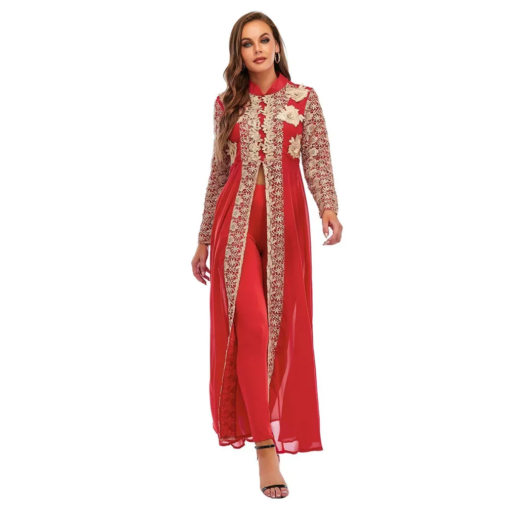 Women Lace Chiffon Dress Pants 2PCS Suits Long Sleeve Dress Party Wedding Muslim Arabic Islamic Clothing Ethnic Fashion Turkey