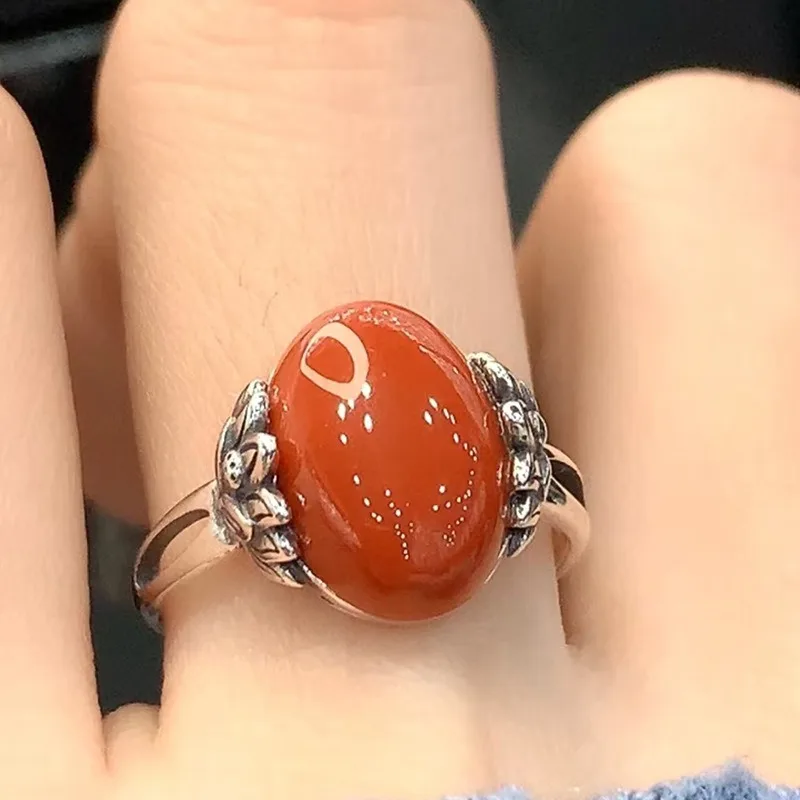 Vintage Adjustable Open Ring With Oval Nanhong Agate Lotus, Lucky Blessing Amulet Bring Good Fortune Finger Jewelry
