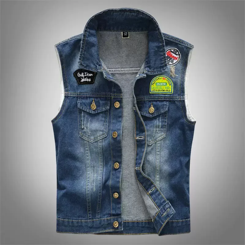 New Fashion Men Ripped Casual Denim Vests Jackets Man Multiple Badges Trendy Sleeveless Coats Male Streetwear Jeans Waistcoats 5