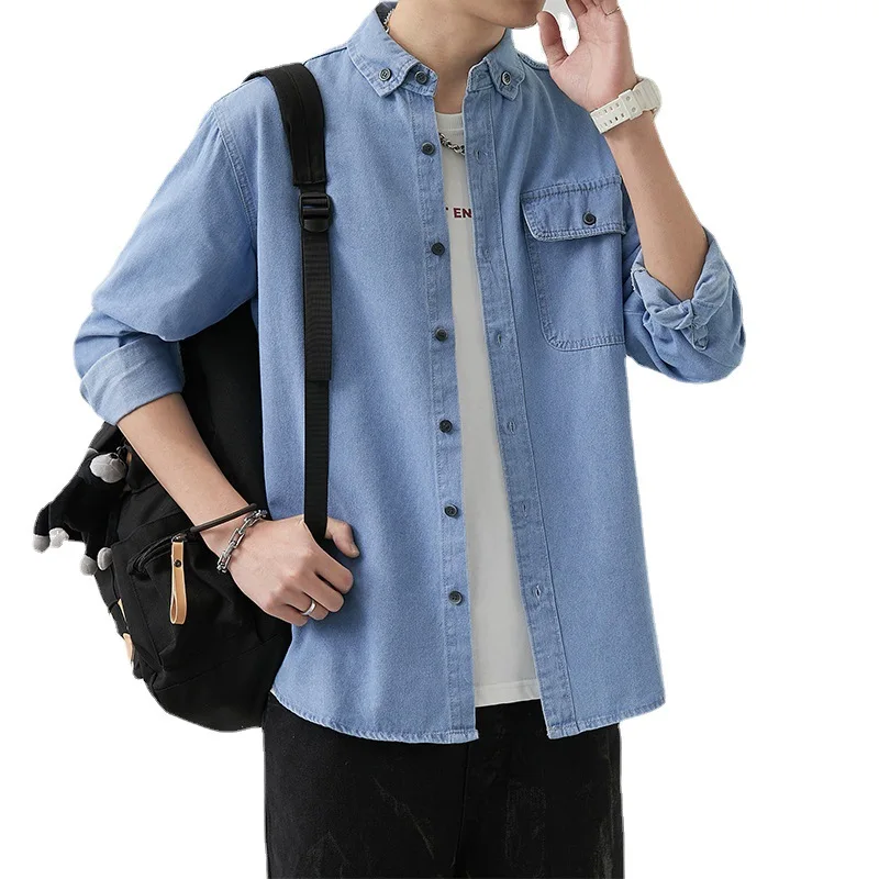 

Men's thin denim long sleeved shirt men's 2025 Spring and Autumn Korean version trendy casual solid color workwear shirt jacket