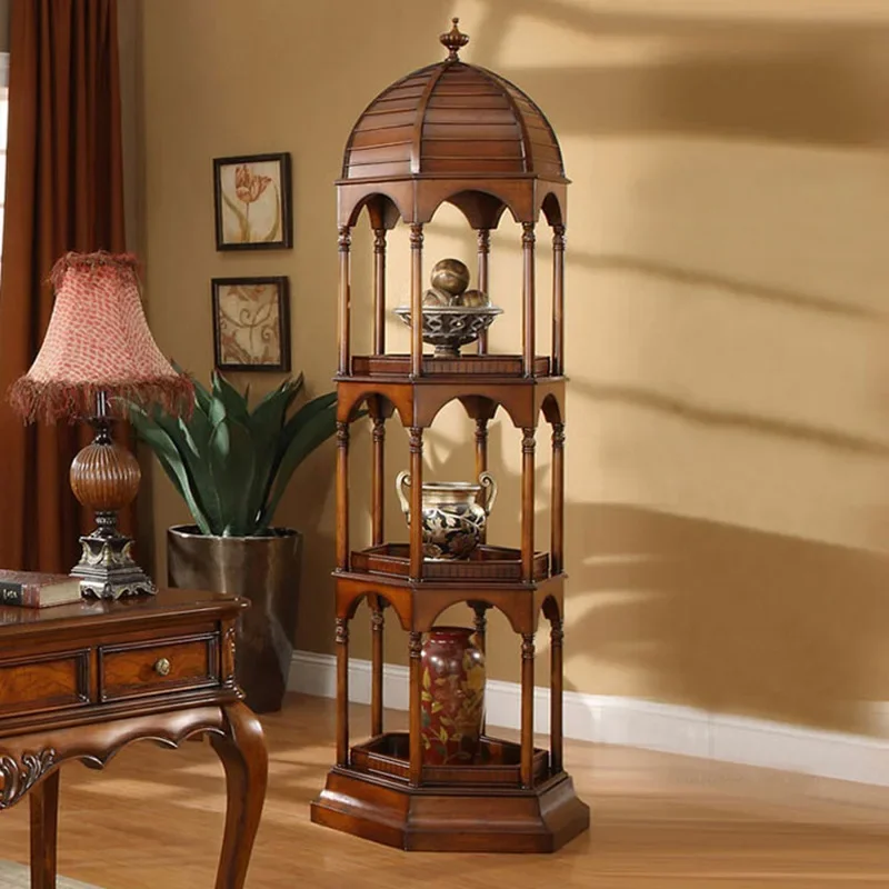 American solid wood shelves, European birdcage bookshelves, floor-to-ceiling living room multi-layer antique shelves