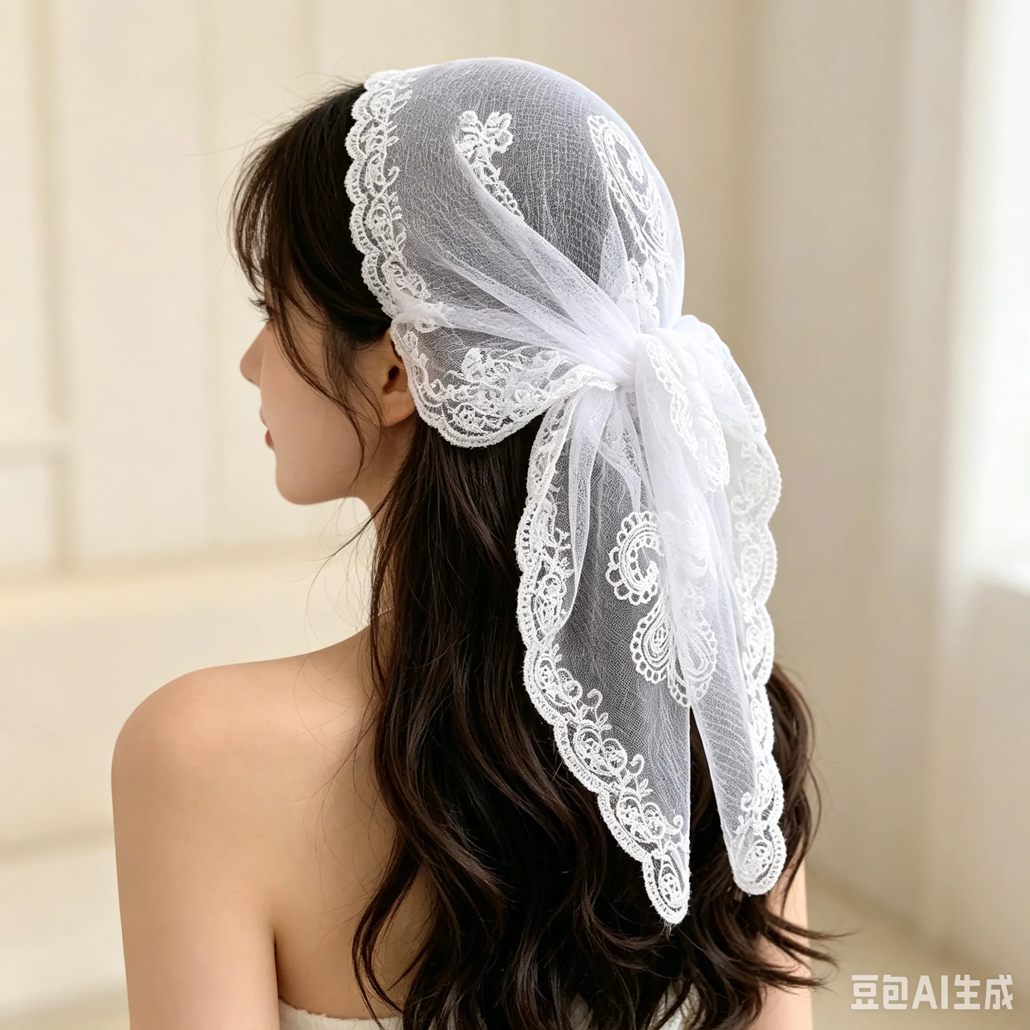 White Lace Triangle Headscarf Vintage Sheer Tulle Bow Kerchief Cottagecore Bridal Photo Shoot Hair Accessory for Women