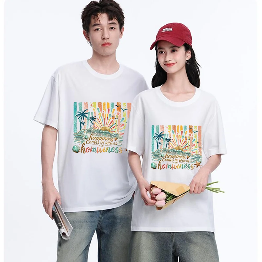 Happiness Waves Sunset Palm Tree Printed T Shirt Breathable Fabric S-XXL Personalized Custom Casual Short Sleeve Tee Aesthetic G