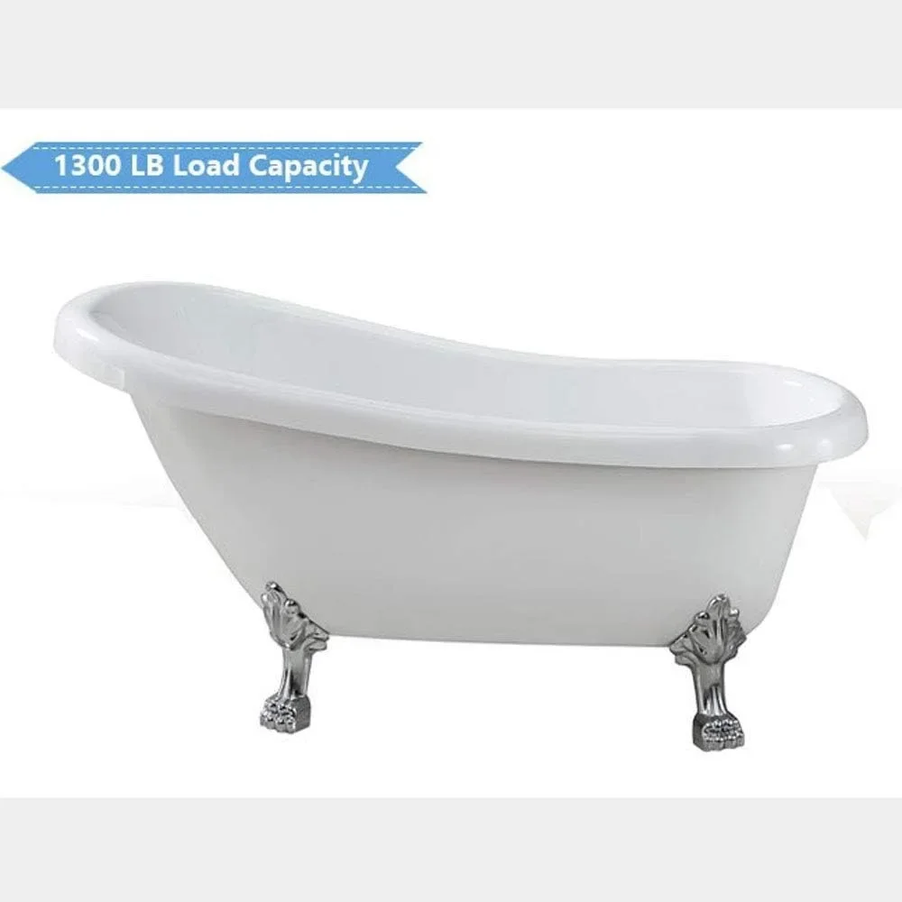 Bathtub, 61-inch, Clawfoot Freestanding,Acrylic Slipper Soaking Tub with Chrome-plated Brass Drain and Clawfoot,Freestanding Tub