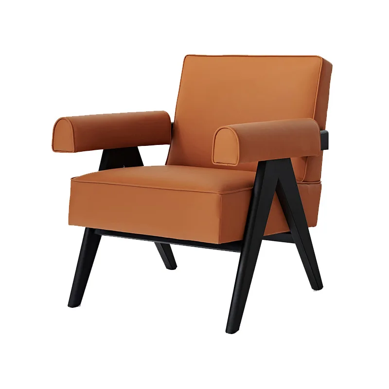 Maßgeschneiderter Retro-Einzelsessel aus Massivholz, Wabi-Wind-Möbel, lässiges Sofa mit Armlehnen aus Kunstleder und Stoff