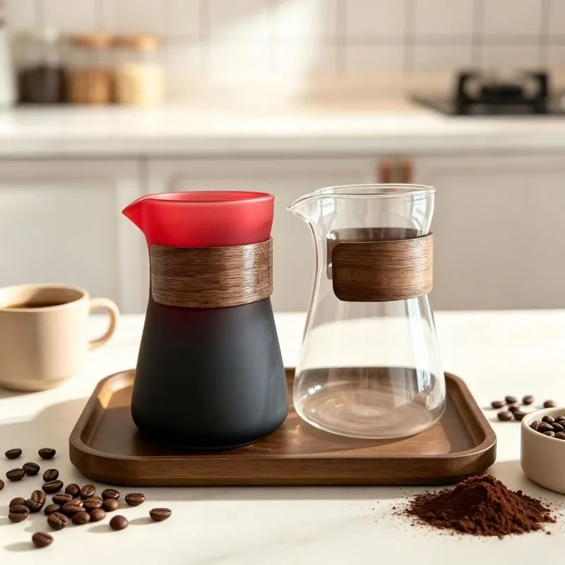 1/2 Pcs Glass Coffee Carafe with Wood Heat-Resistant Layer,Pour Over Coffee Server and Tea Steeper Coffee Decanter Coffee Maker