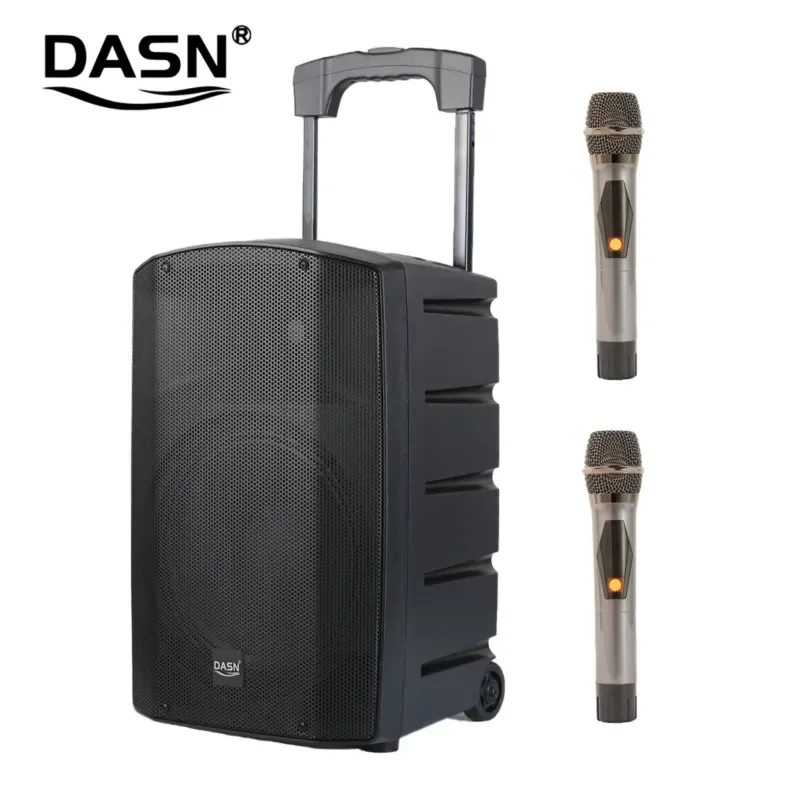 DASN DNC12AE 12 Inch 320W MP3 Professional Active Plastic Portable Battery Amplifier with Wireless Microphone Wheel Rod