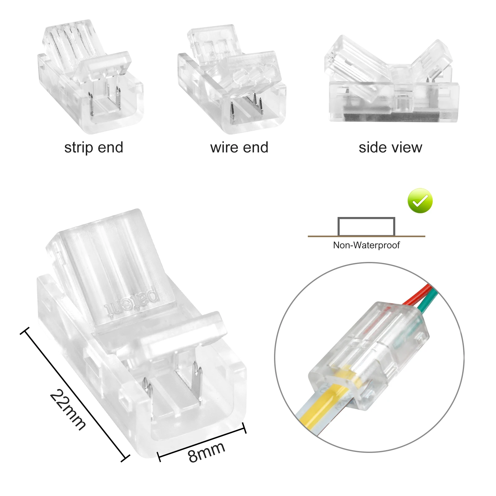 2-Pin 8mm COB LED Strip to Wire Connector, Solderless Adapter Extension Connection for High Density LED Strip Lights 12V 24V (10