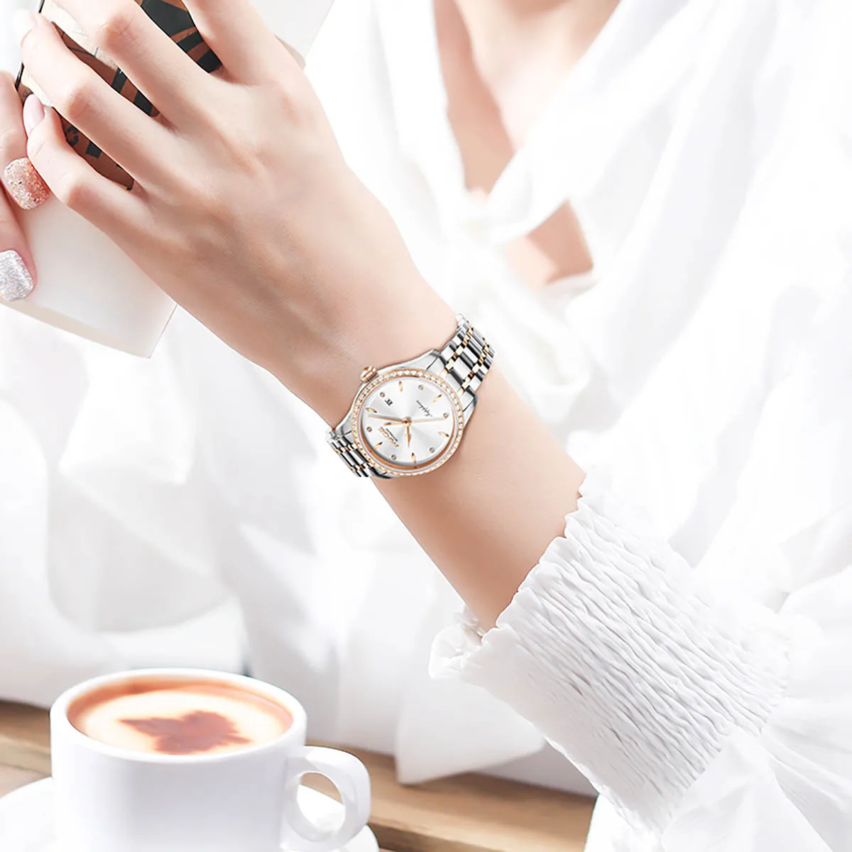 MIGE Original Automatic Mechanical Women Wristwatches Genuine Leather Strap Waterproof Calendar Fashion Watch For Women Sapphire