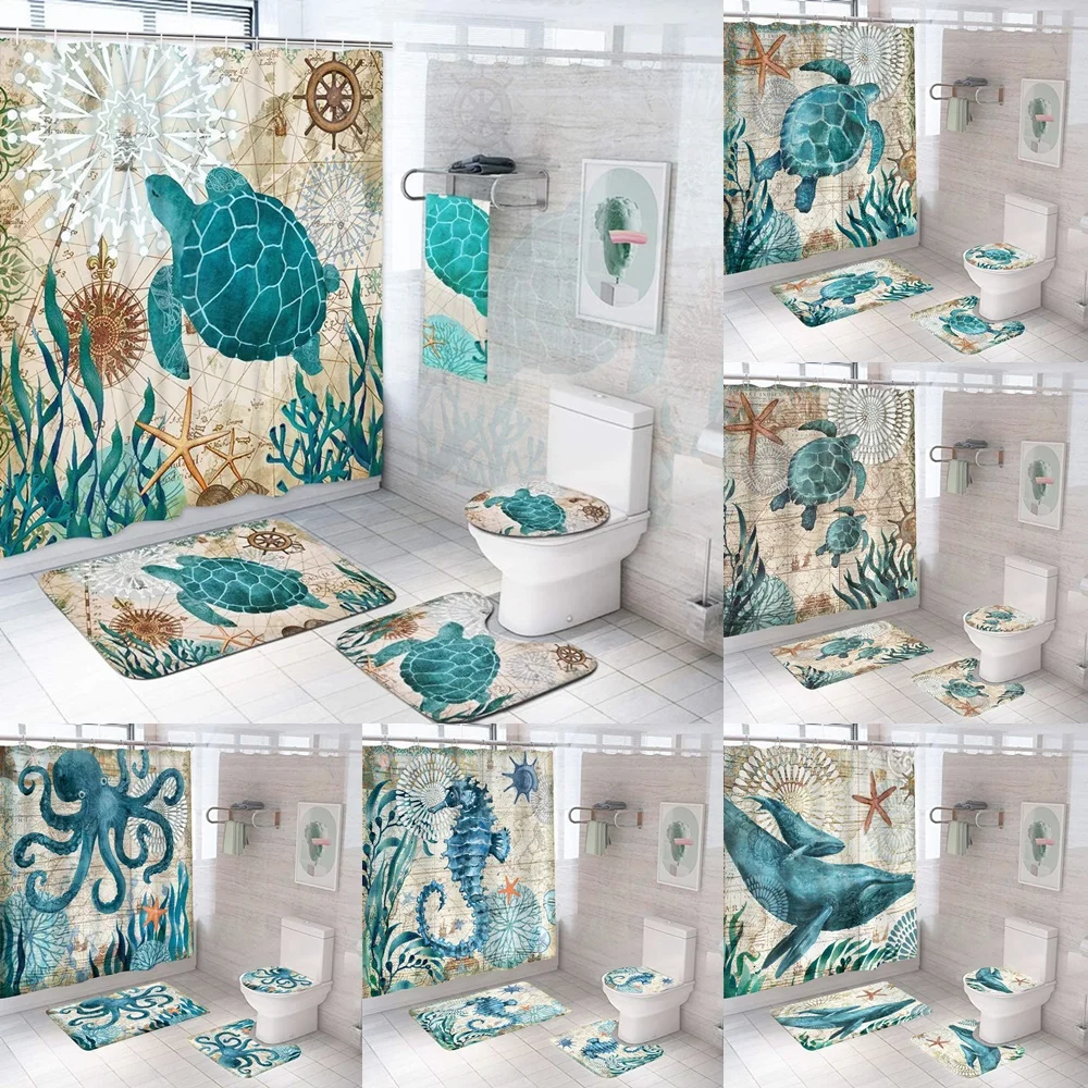 Sea Turtle Shower Curtain Sets Waterproof Nautical Ocean Vintage Animal Bathroom Bathtub Curtains Bath Mats Rug Toilet Lid Cover