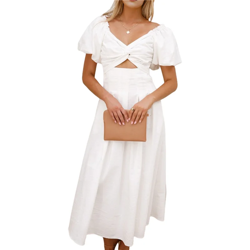 ABP-فستان نسائي صيفي بوهو ماكسي برقبة على شكل حرف V وأكمام قصيرة على شكل حرف a فستان طويل مع جيب