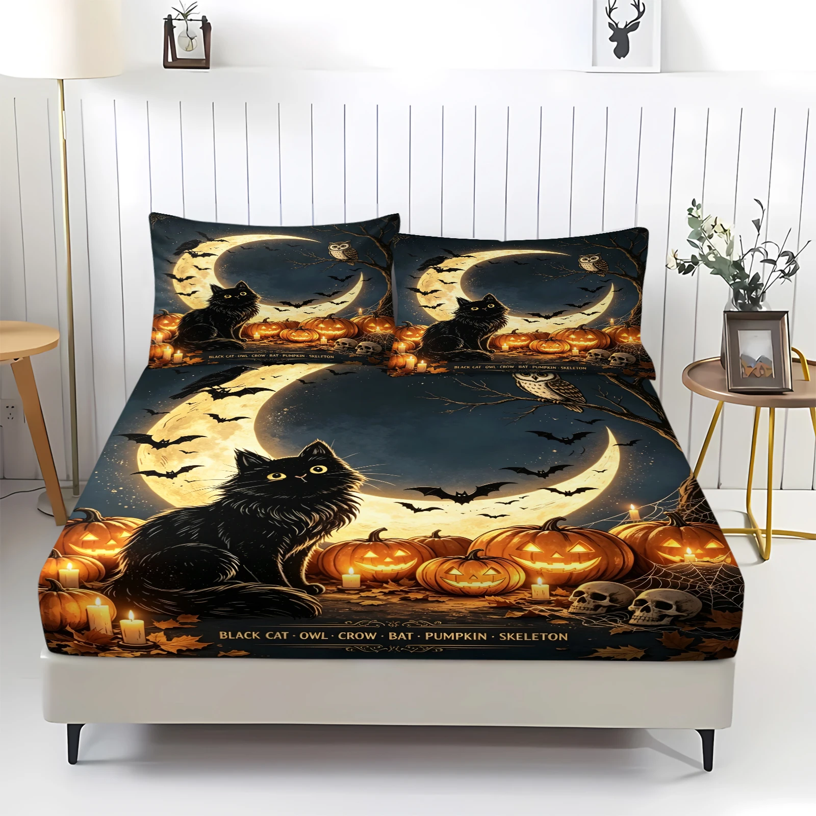 Halloween Black Cat Pumpkin Fitted Sheet Set Elastic Mattress Cover Bat Moon Skull Print Bed Sheet with Pillow Cases Bedding Dec