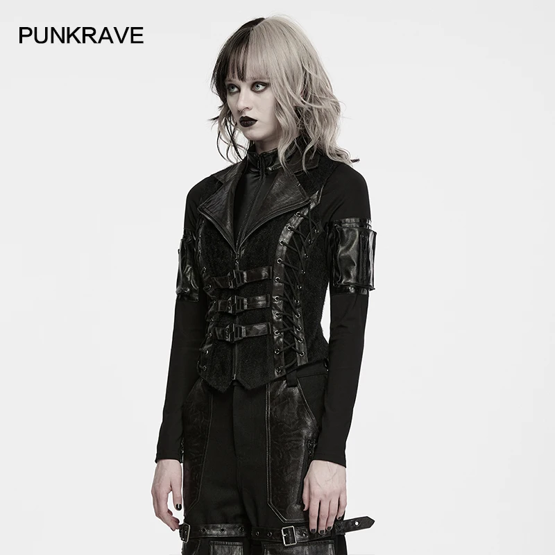 PUNK RAVE Women's Punk Functional Plush Vest Enhancing Warmth Full Zipper Functional Buckle Loops Retro Party Top Fall Winter