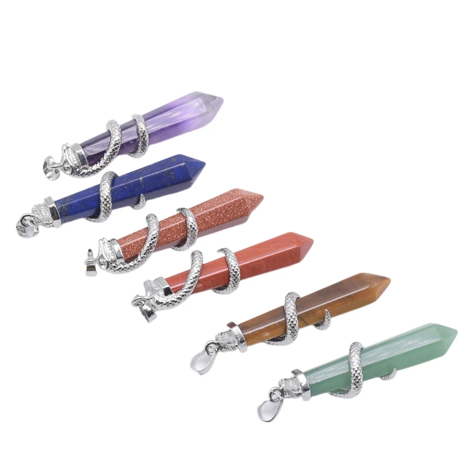 Silver Plated snake Charms Hexagonal Point Pendant Natural Amethysts Pink Crystal Black Onyx Red Stone Long Necklace Pendants