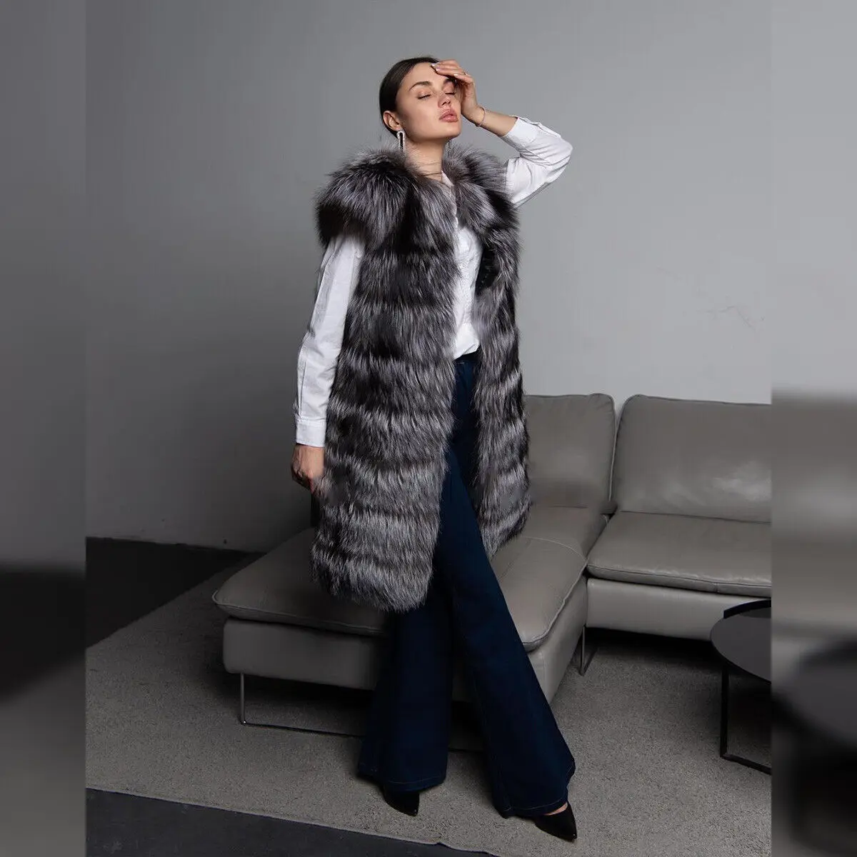 Luxury Women Natural Real Silver Fox Fur Vest Winter Mid-Length Genuine Fox Fur Warm Gilet Female Fashion Real Fur Waistcoats