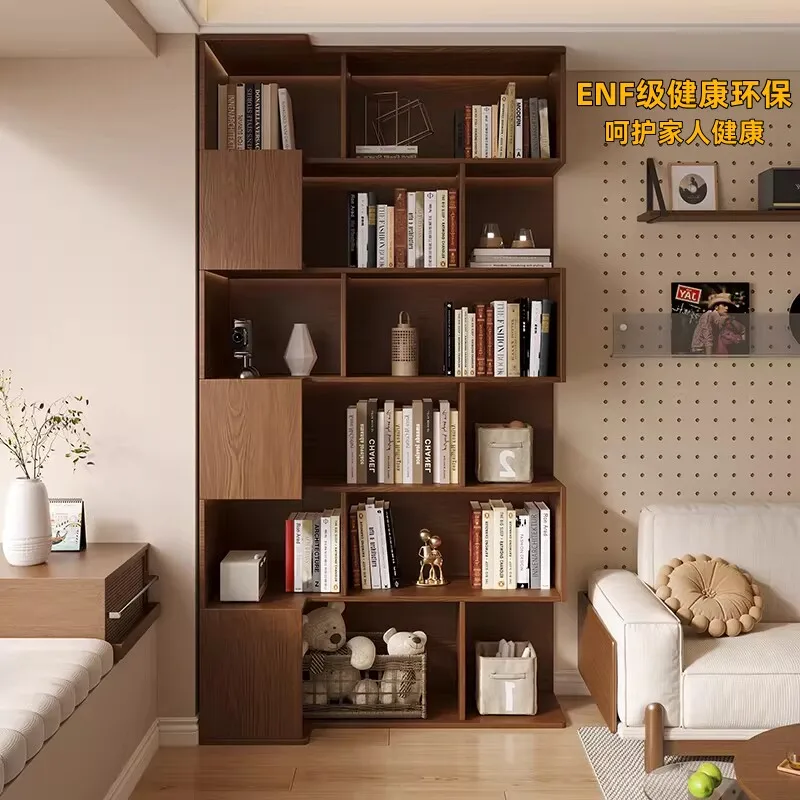 Corner bookcase shelf integrated against the wall Home living room Floor storage grid Solid wood