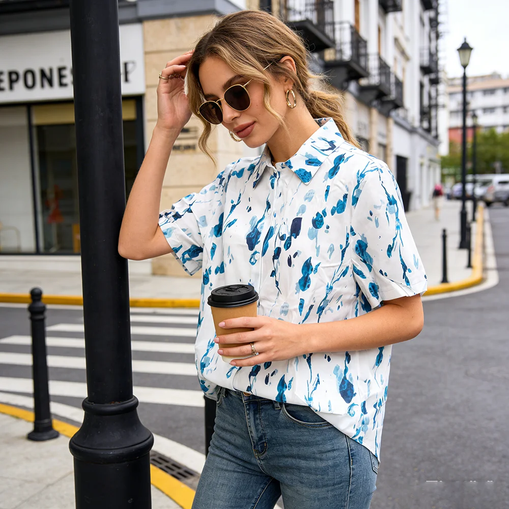 Women's Blue Splash Print Short Sleeve Button Down Shirt - Casual Summer Blouse for Office & Weekend, Lightweight & Breathable,