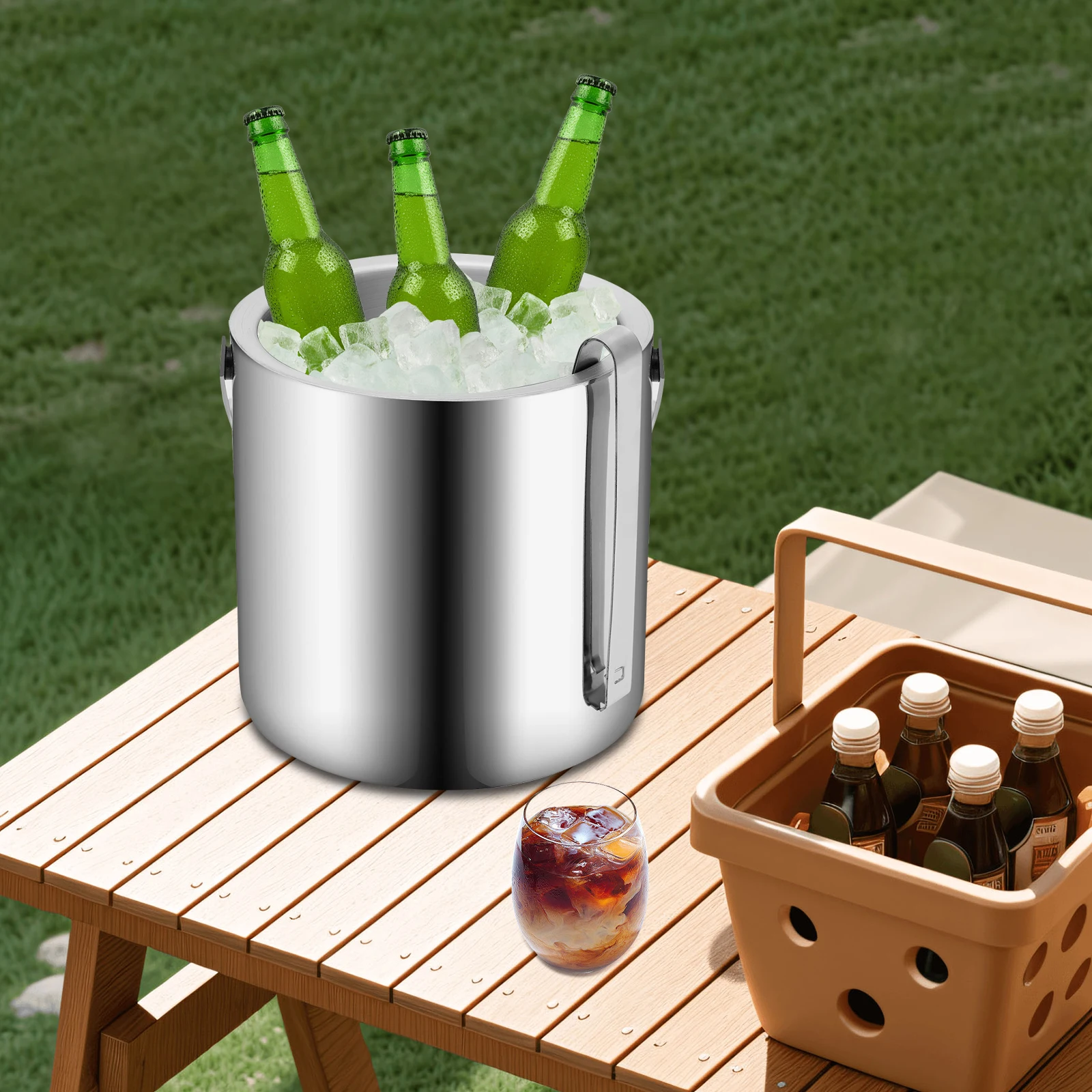 

Ведро для льда объемом 1,3 л, холодильник для шампанского, ведро для льда, двухслойное ведро из нержавеющей стали с крышкой для барбекю, пикников, вечеринок, баров