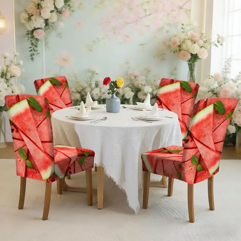 

Набор чехлов для обеденных стульев с плоским принтом и рисунком из ломтиков арбуза и листьев мяты, легко устанавливается, можно стирать, чехол для стула.