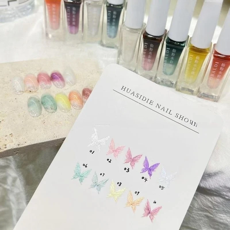 

10 Colors 6ml Fairy Powder Pearl Watercolor Nail Marbling Ink Liquid Gradient Nail Art Painting Gel With Cardboard For Manicure
