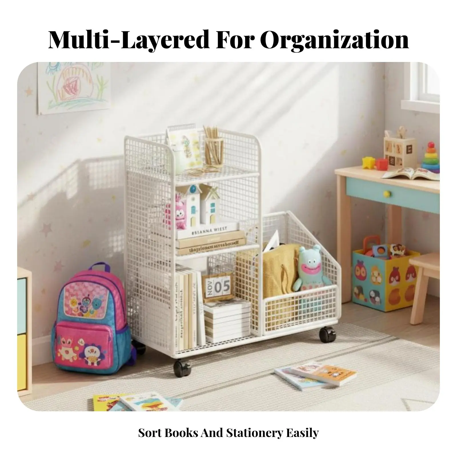 

Мобильный органайзер для книг на колесиках, многоуровневая тележка на колесах, экономит место, большая вместимость, для родителей, учебы, класса