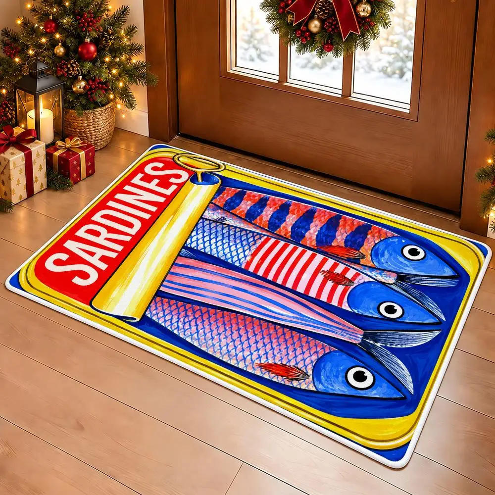 Vintage Sardine Tin Floor Mat Soft Non Slip Flannel Door Mat for Bathroom Kitchen Bedroom Home Decor