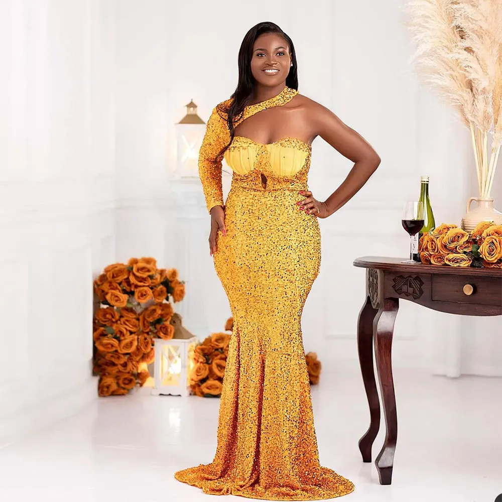 Glittery Geel Lovertjes Zeemeermin Avondjurken Vrouwen Luxe Een Schouder Halter Prom Jassen Sexy Vloerlengte Formele Party Gewaad