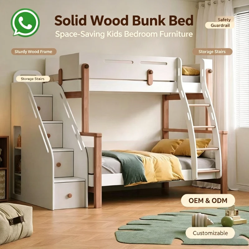 Solid Wood Bunk Bed with Storage Stairs Drawers, Safety Guardrail Kids Bunk Bed for Teenagers Boys Girls Bedroom Furniture