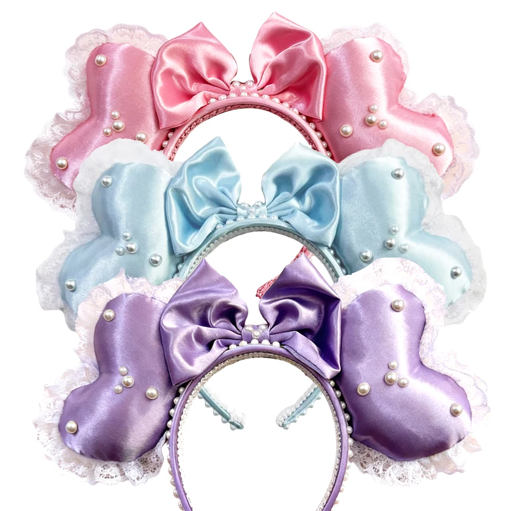 Mickey Mouse Ears Hairbands Pearl Heart Lace Bow Headbands Hair Band Birthday Party Halloween Princess Cosplay Costume For Women