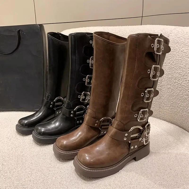 Retro Women's Vintage Style Western Cowboy Boots Casual Leather Bootes With Buckle Details Punk Brown High Top Riding Shoes
