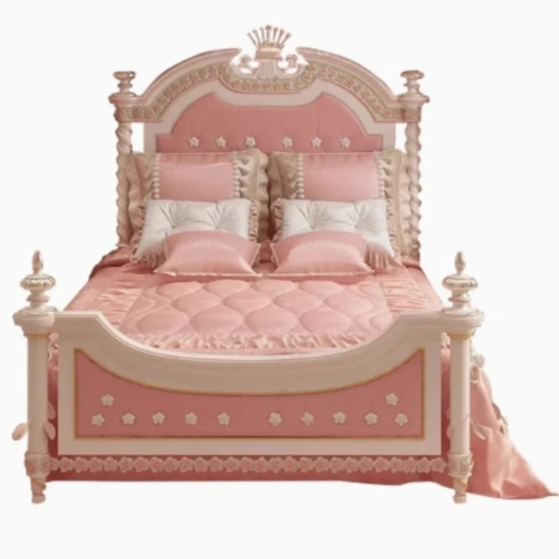 

European solid wood pink children's bed French carved painted princess bed villa luxury court fabric soft bag