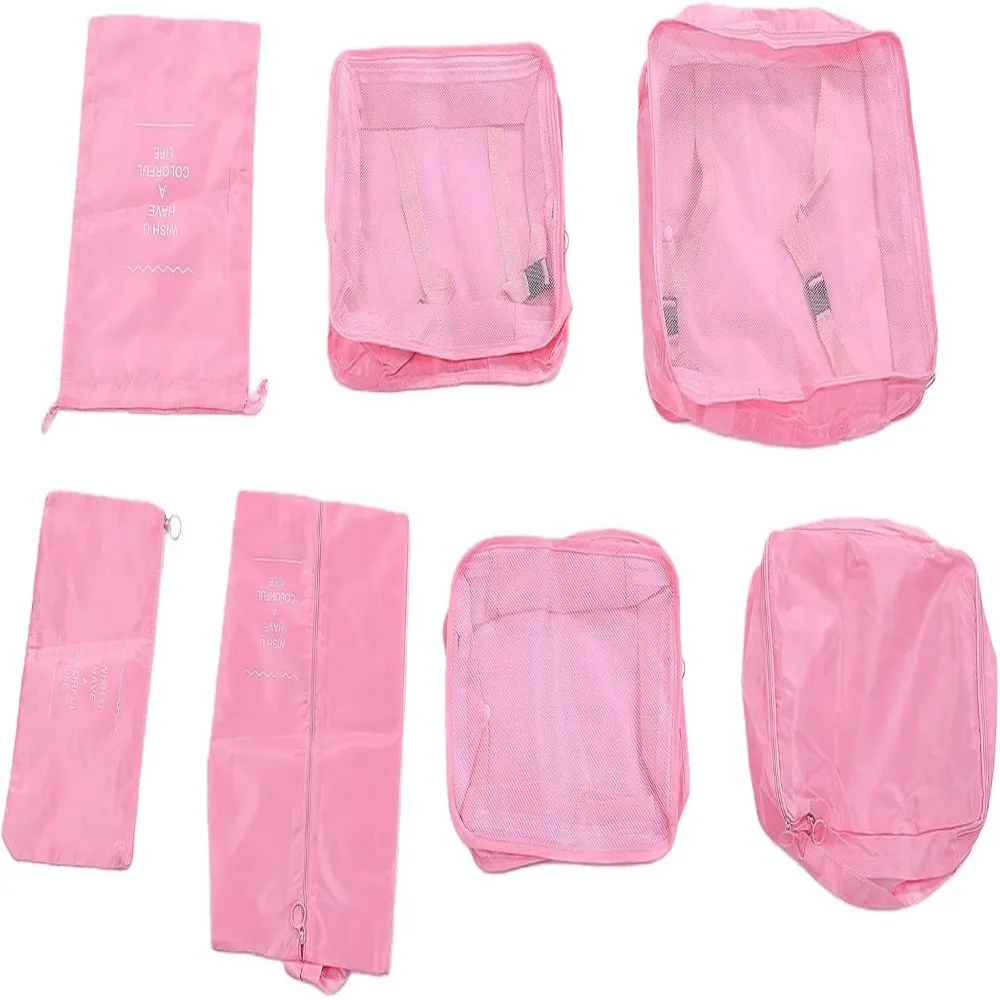 7 Pcs Portable Mesh Breathable Travel Packing Cubes Polyester Pink Cloth Organizers Set Practical Packing Bags Camping