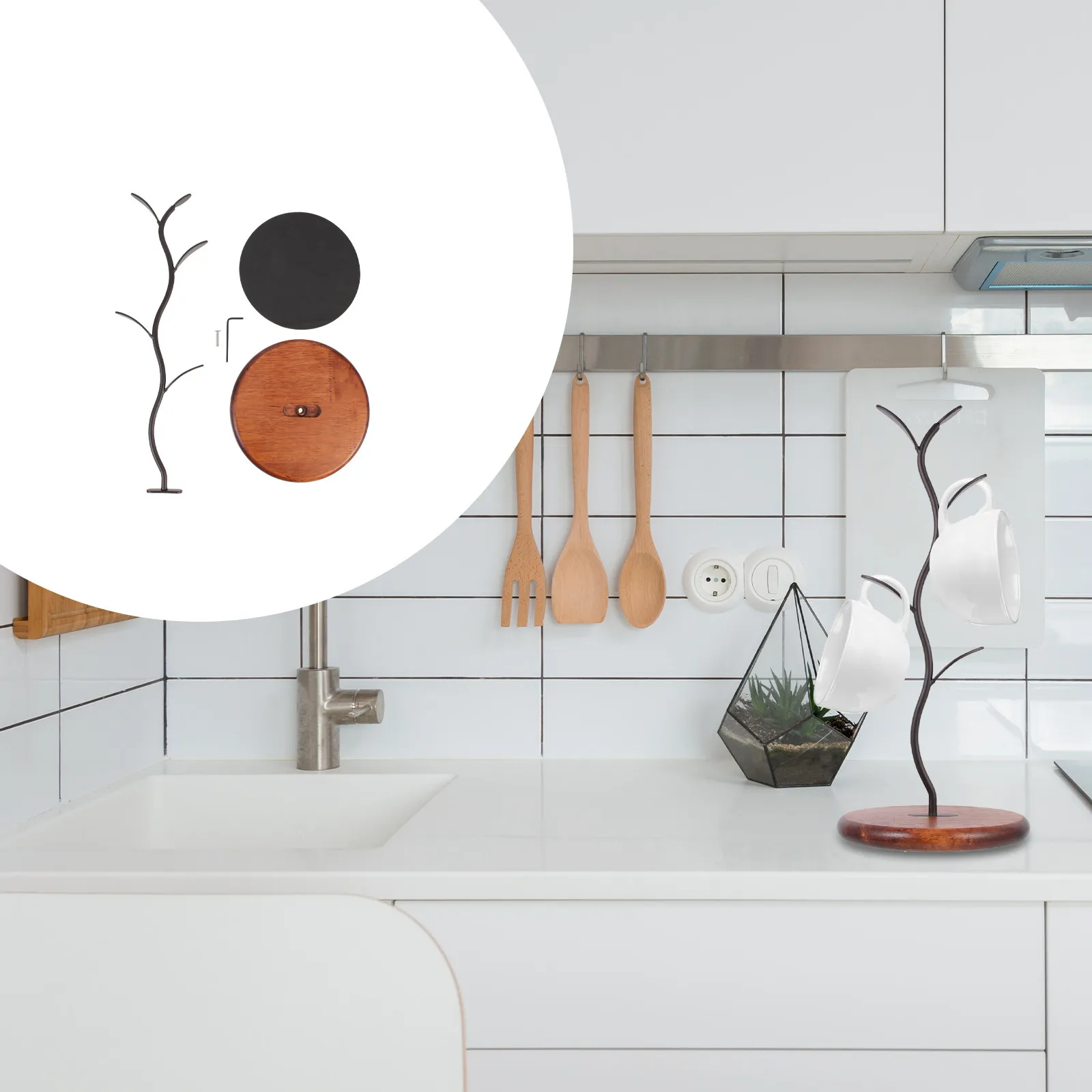 

Multi-Use Decorative Mug Holder for Coffee Cups Teacups Jewelry Display Iron Wood Construction Stylish Home Bar Hotel Decor Cup