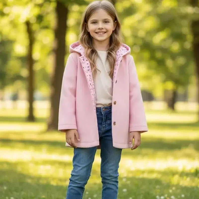 

Girls' Clothing Pink Hooded Winter Coat Warm Jacket Long Sleeve Fleece Overcoat for Teens Kids Girls Outerwear For 2 3 4 5 6 7 Y