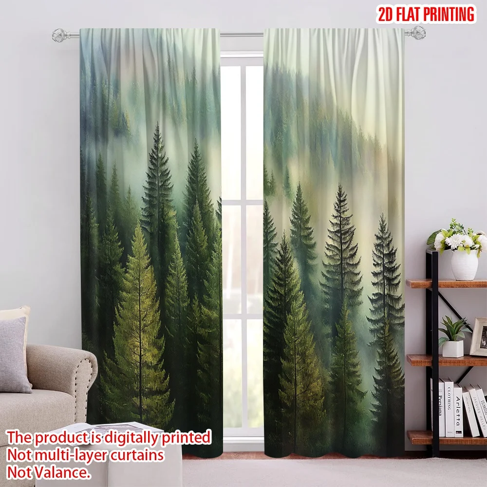 

2Pcs 2D Flat PrintingNature Curtain Forest Pine Tree Tops Refreshing Eco Woodland Wilderness Mountainside For Bedroom Living