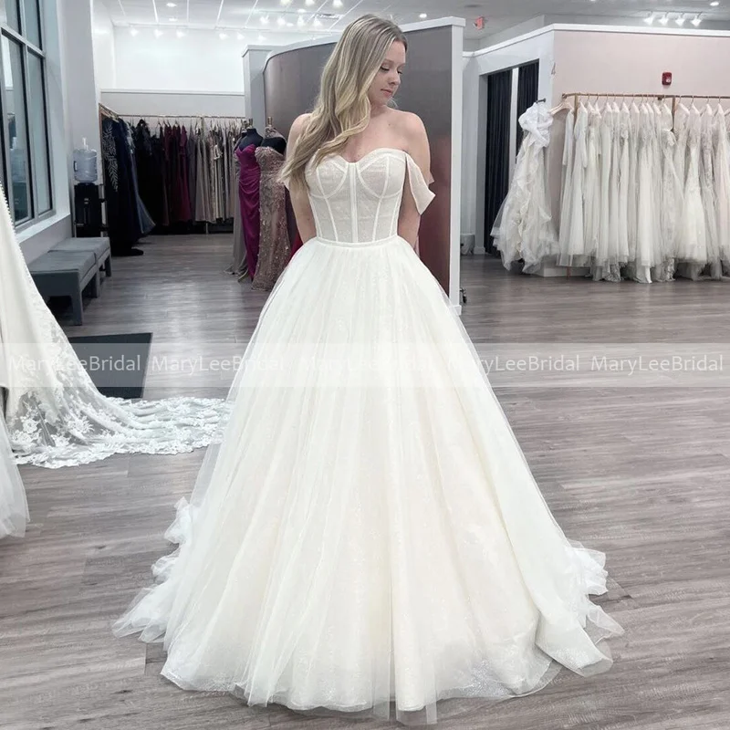 

Princess Shiny Wedding Gown with Exposed Boning Ball Gown Off Shoulder Sweetheart Neckline Glitter Tulle Bride Wedding Dresses