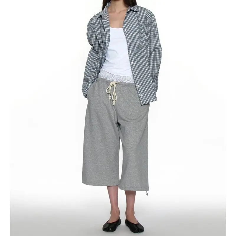 Women's Wide-Leg Capri Pants Solid Cleanfit Elastic Waist Drawstring Cuff Loose Fit Cropped Trousers Y2k Sweatpants
