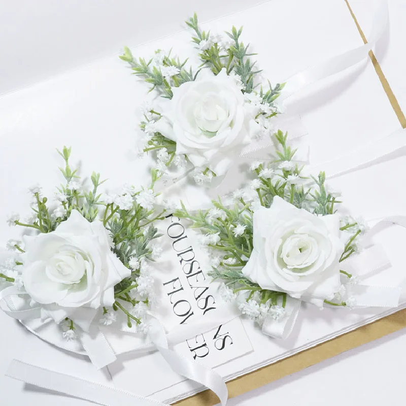 Bouton niere und Handgelenk Corsag Hochzeit Blumen kunst Geschäfts feier Eröffnung Gäste White Star Rose 465