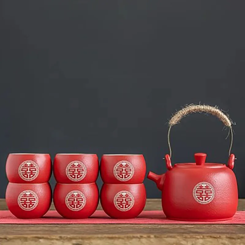 

For Chinese Style Ceramic Filter Tea Pot Set, Household Tea Pot and Cup Set, Red Teaware Gifts, Wedding, A Pot of Eight Cups