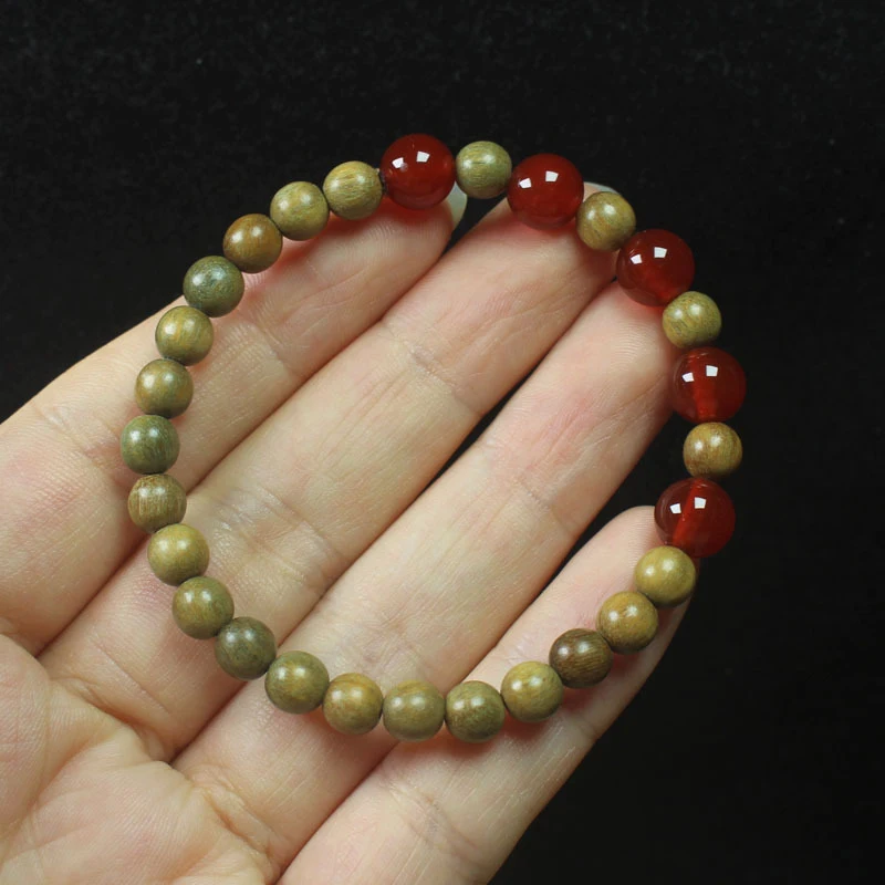 

Green 6mm Bracelet with Red Agate Buddha Beads, Women's Forest Style Sandalwood Meditation Bead Jewelry
