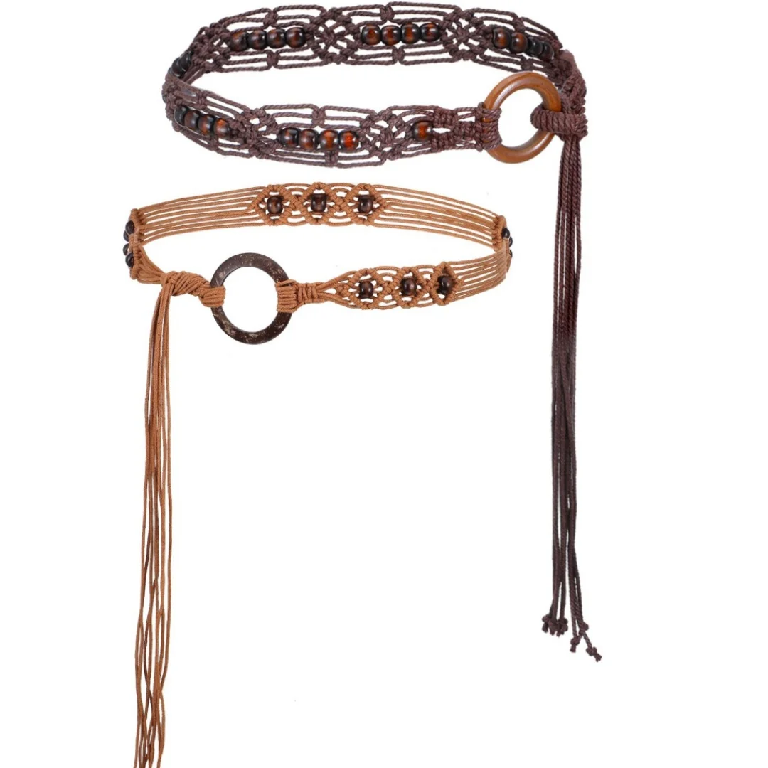 2Pcs Women's Bohe Rope Braid Waist Belt Bohemian Woven Belt for Women Beaded Braided Tassel Belt Renaissance Rope Belts for Dres