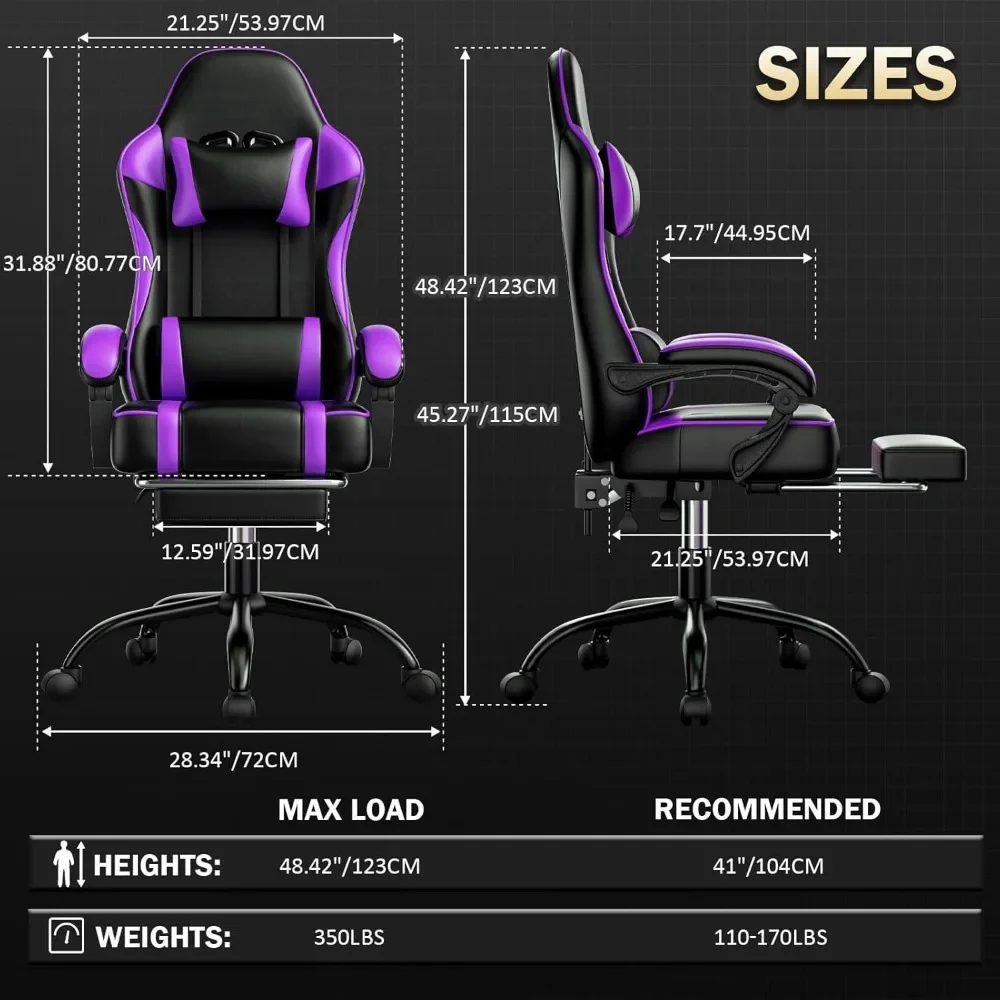 Cadeira ergonômica do escritório com banquinho e apoio lombar, cadeira do jogo do computador com encostos de cabeça, cadeira ajustável da altura do escritório