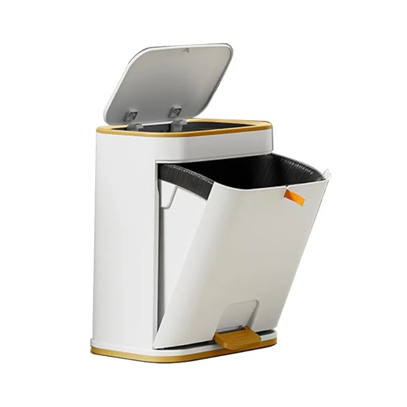 Plastic 3 Gallon Garbage can with Press top Lid, Gold Step Pedal Trash can, Narrow White Trash bin