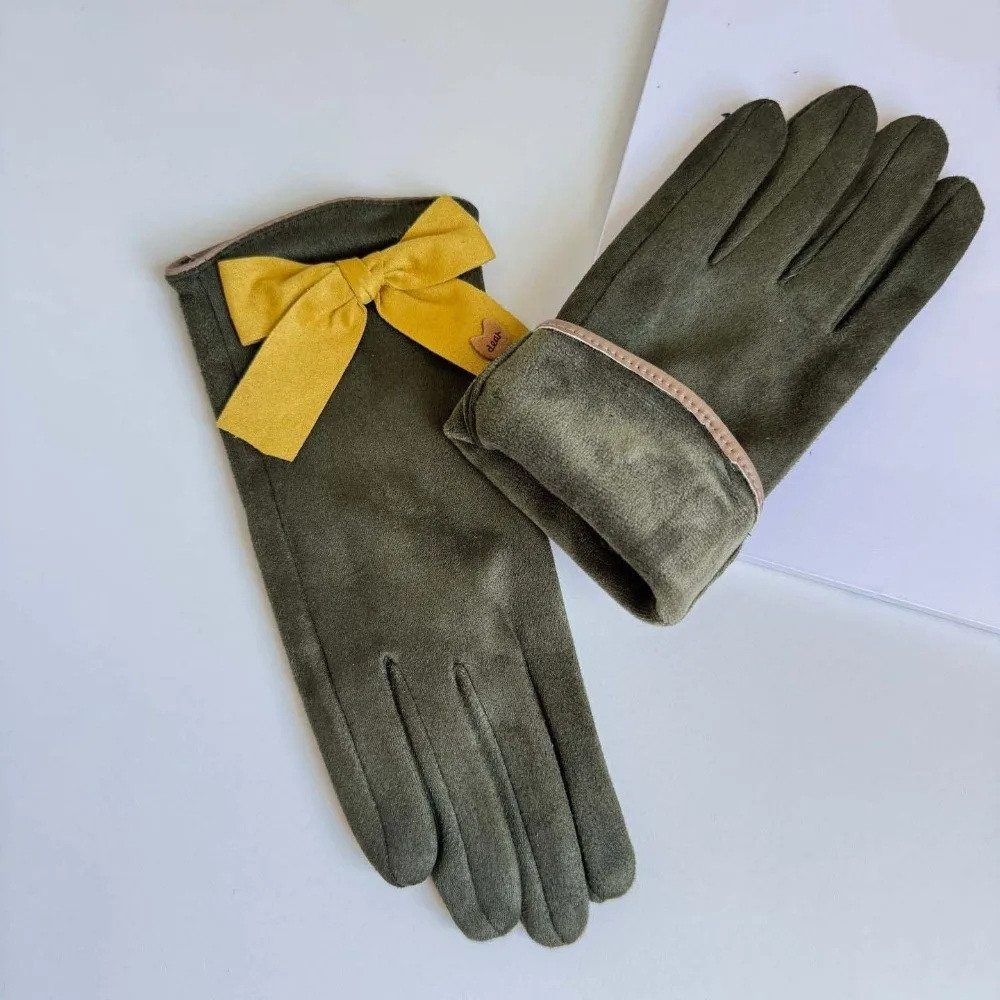 قفازات قطيفة ذات إصبعين بفيونكة ناعمة وسميكة من جلد الغزال بألوان متباينة من البوليستر للنساء قفازات مضادة للبرد للشتاء #2