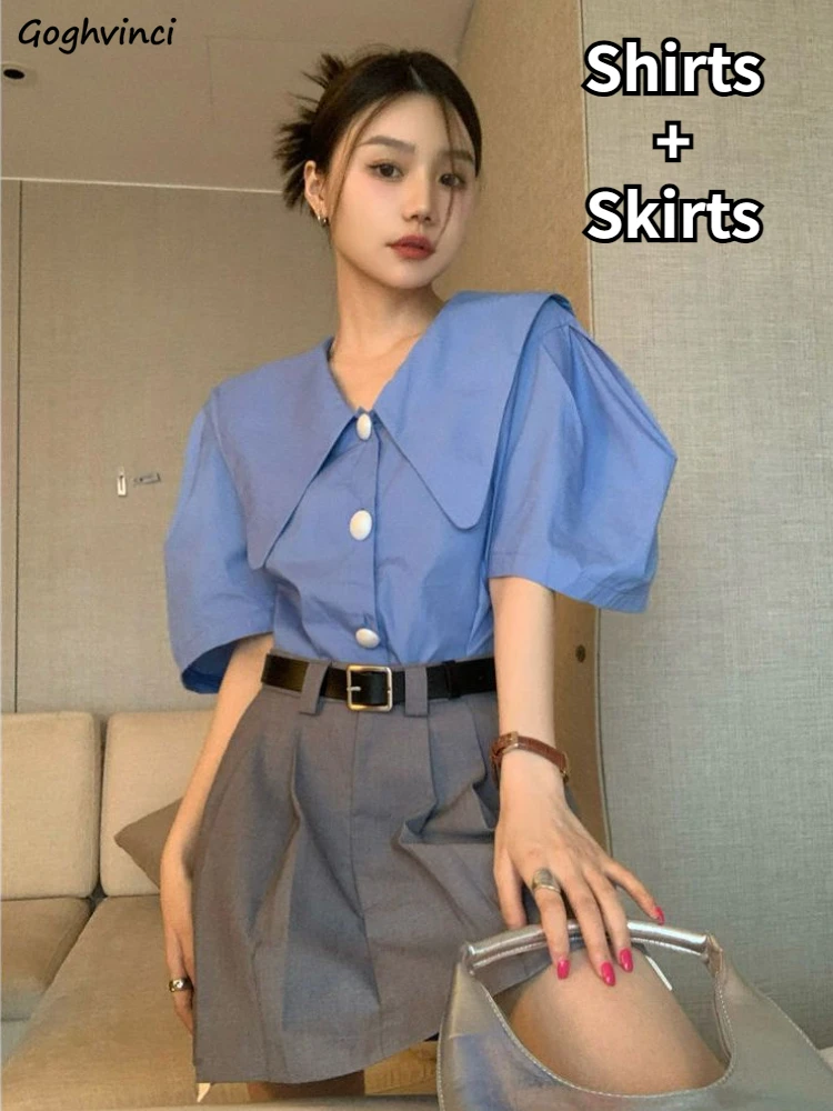 Pleated Skirts Sets Women Trendy Puff Sleeve French Style Elegant Shirts High Waist Faldas Summer College Gentle New Two Pieces