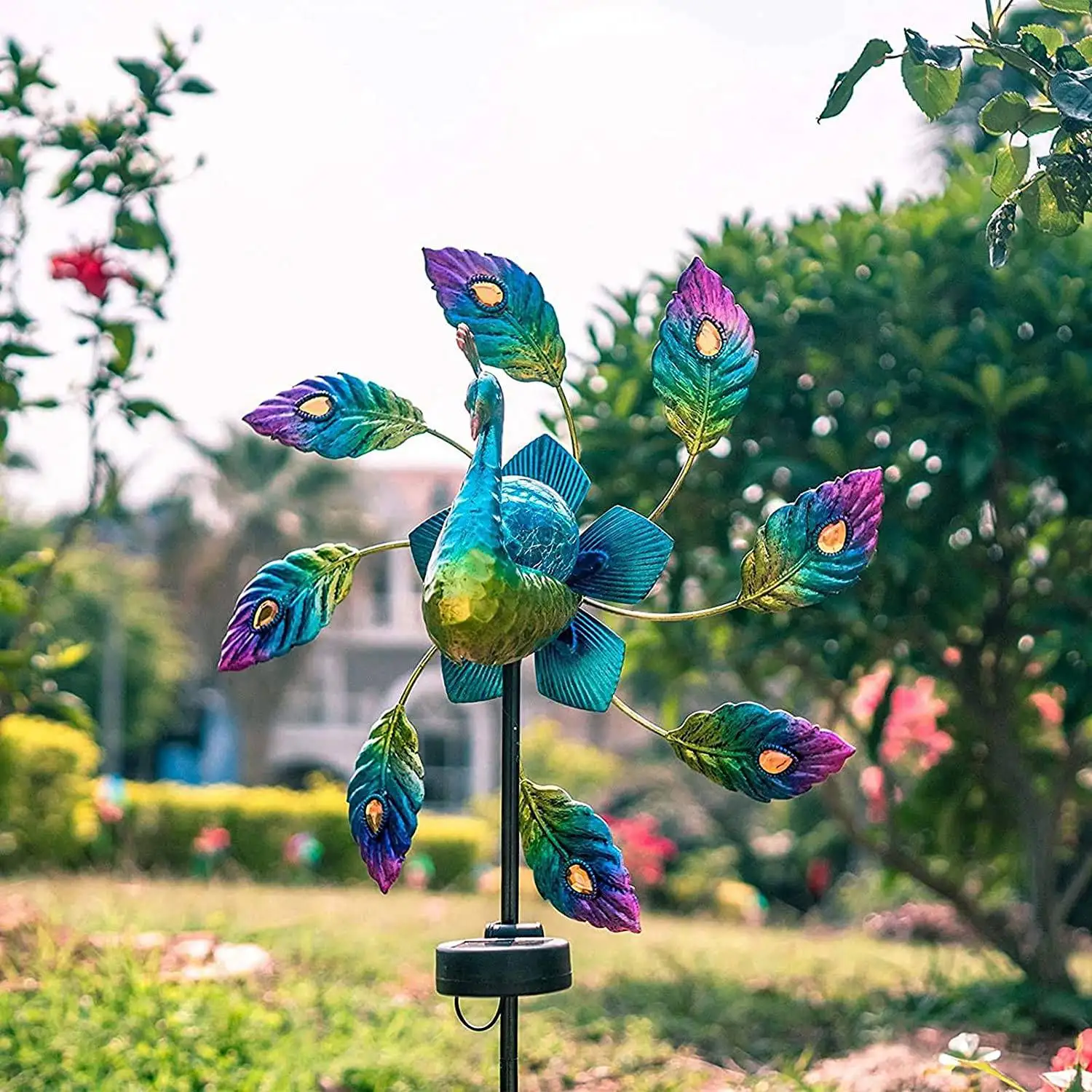 Peacock Solar Light Wind Spinner, Creative Solar Powered Colorful LED Windmill,Outdoor Lawn Patio Pathway